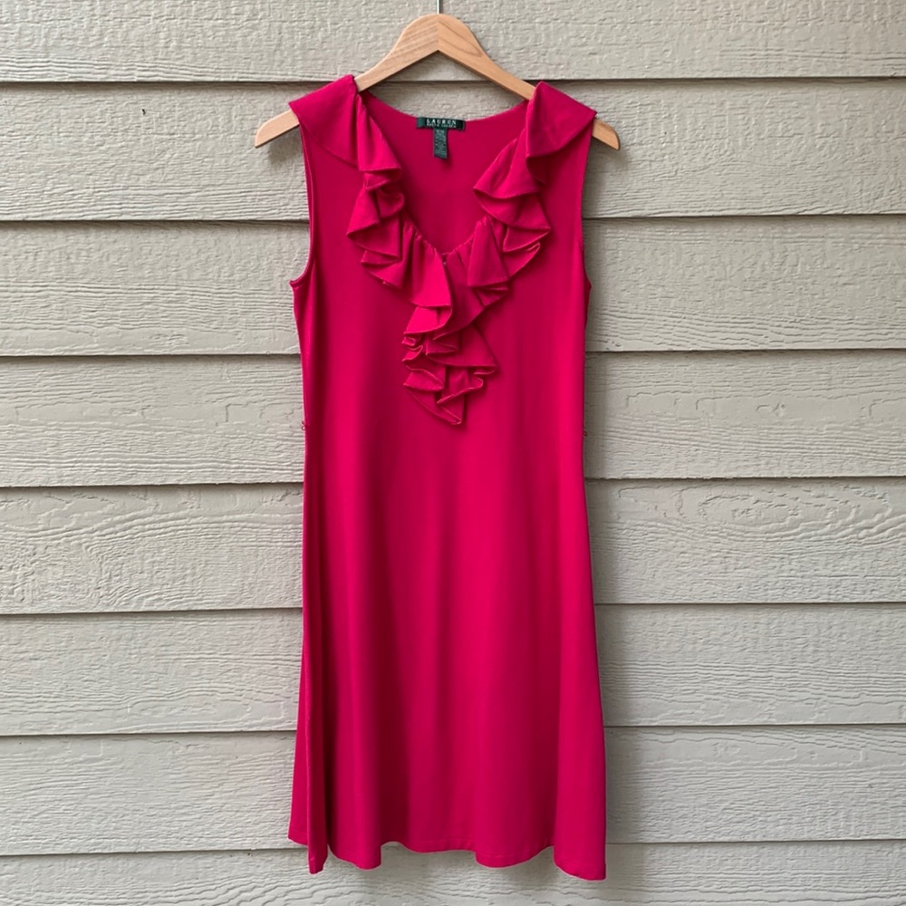 Lauren Ralph Lauren Hot Pink sleeveless V-Neck Dress with Ruffles and Buttons